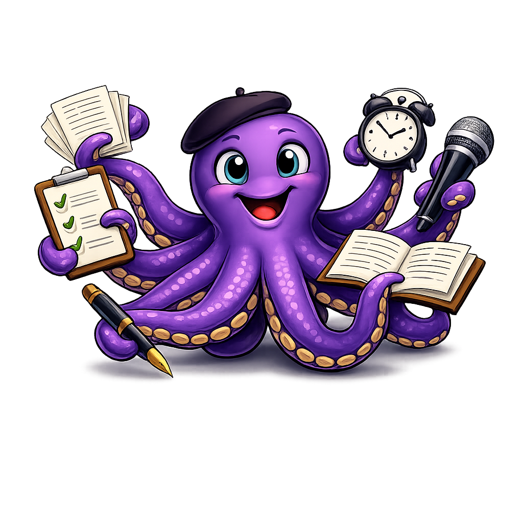Inky the octopus mascot holding manuscripts